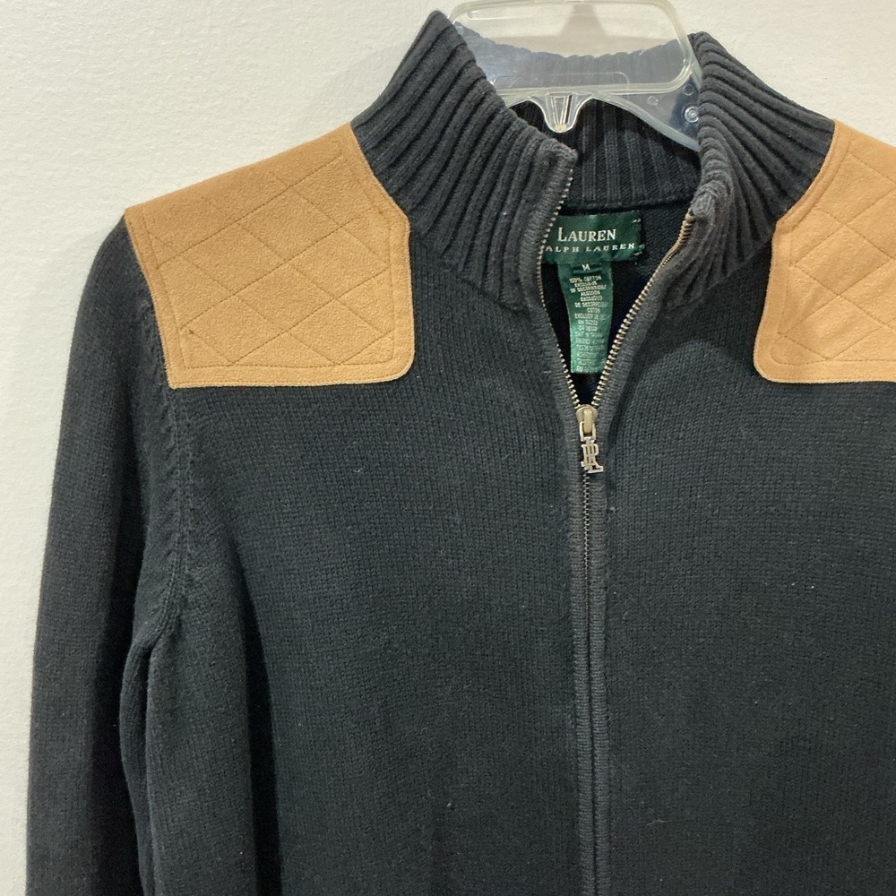 Vtg Lauren Ralph Lauren Sweater Black Full Zip Elbow Patches Size M Old Money - Picture 3 of 6